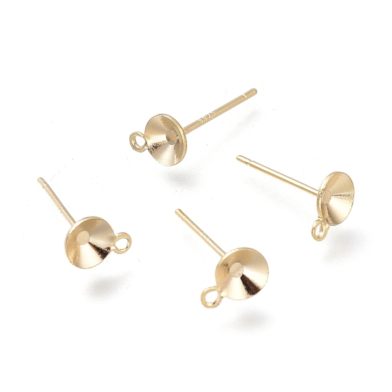 Brass Stud Earring Findings, Long-Lasting Plated, with Loop and 925 Sterling Silver Pin, for Pointed Back Rivoli Rhinestone, Cone