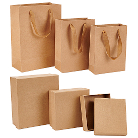 BENECREAT 6Pcs 6 Style Rectangle Kraft Paper Bag with Handle, Jewelry Packaging, with Square Paper Gift Boxes, Immortal Flower Box, Wedding Party Favors Wrapping