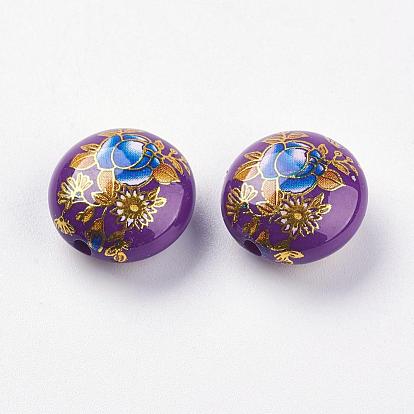 Flower Printed Resin Beads, Flat Round