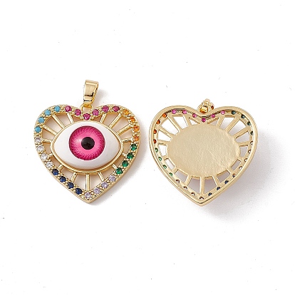 Brass Micro Pave Cubic Zirconia Pendants, with Resin Evil Eye, Heart Charm
