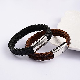 Cuir à la mode des bracelets de corde tressée, avec 304 fermoirs magnétiques en acier inoxydable, 215x12x6mm