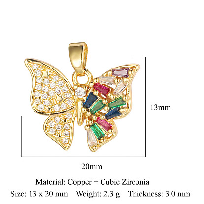 Pendentifs en laiton zircon cubique micro pavé coloré, charmes de papillon