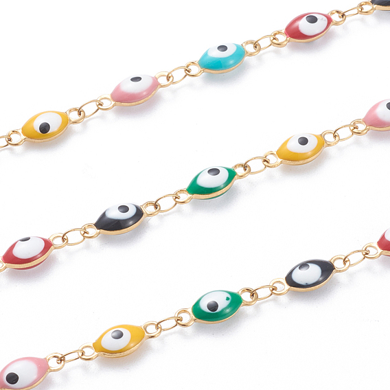304 Stainless Steel Link Chains, with Enamelled Sequins, Soldered, Oval and Eye