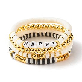 4 pcs 4 bracelets extensibles en perles heishi en argile polymère de style sertis d'hématite synthétique, bracelets preppy mot heureux pour femmes