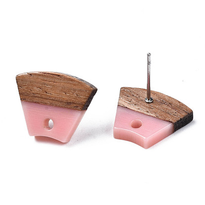 Resin & Walnut Wood Stud Earring Findings, with 304 Stainless Steel Pin and Hole, Two Tone, Trapezoid