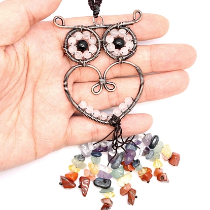 Gemstone Owl Pendant Decorations, Colorful Gemstone Chip Beaded Tassel Hanging Ornament, with Metal Frame