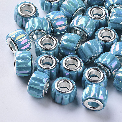 Opaque Resin European Beads, Large Hole Beads, with Silver Color Plated Double Brass Cores, Faceted, AB Color Plated, Column