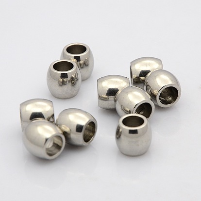 304 baril en acier inoxydable perles européennes, Perles avec un grand trou   , 10x10mm, Trou: 5mm