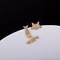 Real 18K Gold Plated Brass Cubic Zirconia Kitten Dangle Stud Earrings, Cat and Fish, Asymmetrical Earrings, 15x11mm