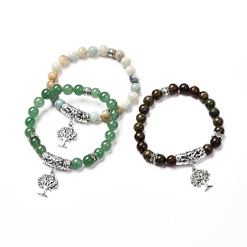 Stone Bracelets Set for Men Women, Natural Dragon Blood Jasper & Flower Amazonite & Green Aventurine Stretch Bracelets, Tibetan Style Tree of Life Bracelets