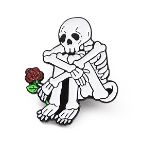 Sad Skeleton with Rose Enamel Pin, Electrophoresis Black Plated Alloy Halloween Badge for Backpack Clothes