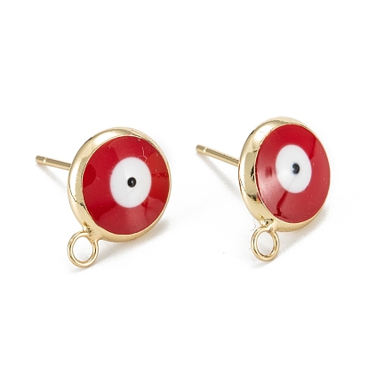 Eco-Friendly Brass Enamel Stud Earring Findings, with Loops, Real 18K Gold Plated, Flat Round with Eviel Eye