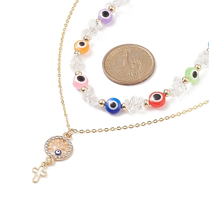 3Pcs 3 Style Natural White Moonstone & Resin Evil Eye Beaded Necklaces Set, Alloy Enamel Cross Pendant Necklaces for Women