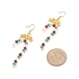 Glass Christmas Candy Cane with Alloy Bowknot Dangle Earrings, Gold Plated Brass Jewelry for Women