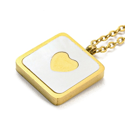 Natural Shell Square with Heart Pendant Necklace, with Ion Plating(IP) 304 Stainless Steel Cable Chains
