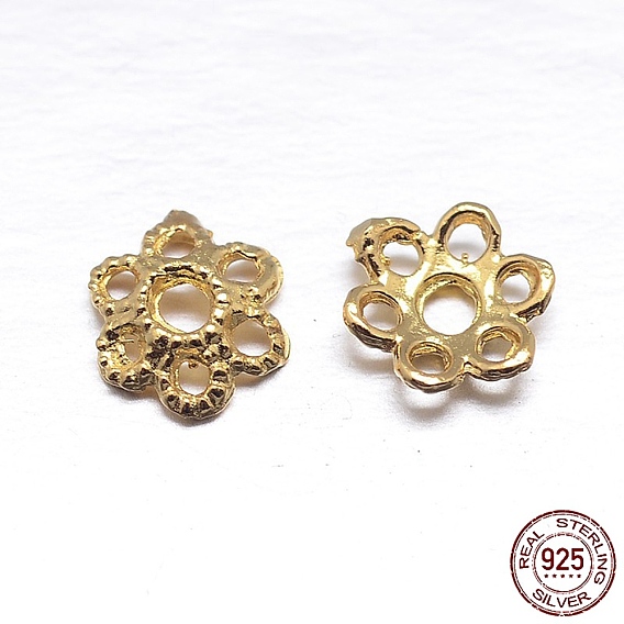 Real 18K Gold Plated 6-Petal 925 Sterling Silver Bead Caps, Flower, 5.5x1.5mm, Hole: 1.2mm, about 222pcs/20g