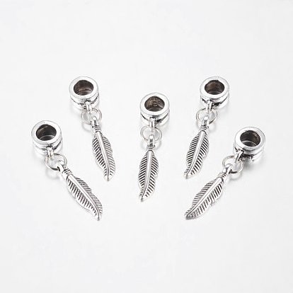 Alloy European Dangle Charms, Feather, 31mm, Hole: 5mm