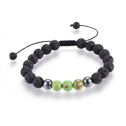 Natural Lava Rock and Non-Magnetic Synthetic Hematite Beads Braided Bead Bracelets, with Natural & Synthetic Mixed Gemstone