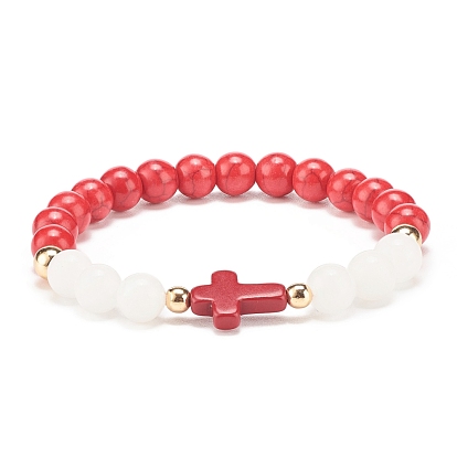 Natural White Jade & Gemstone & Synthetic Turquoise(Dyed) Stretch Bracelet with Cross, Gemstone Jewelry for Women