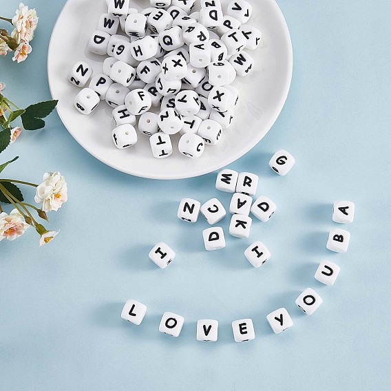 20 piezas de cuentas de silicona con letras de cubo blanco 12x12x12 mm cuentas cuadradas del alfabeto con dados con 2 mm agujero espaciador cuentas de letras sueltas para pulsera collar fabricación de joyas