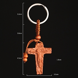 Wooden Pendant Keychains, with Iron Rings, Crucifix Cross