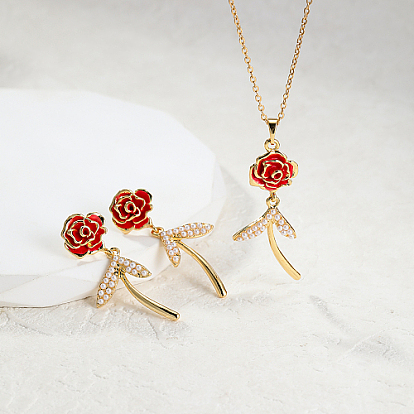 Ensemble de bijoux en plastique avec fleur rose, boucles d'oreilles et collier pendentif en alliage