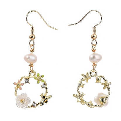 Dangle Earrings, with Brass Earring Hooks, Natural Pearl Beads, Alloy Enamel Pendants, Acrylic and Rhinestone, Ring with Flower and Bee, Golden
