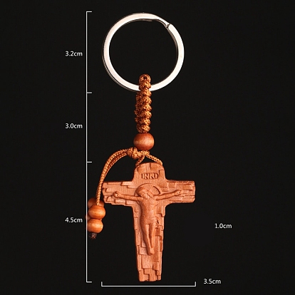 Porte-clés pendentif en bois, avec des anneaux de fer, crucifix croix