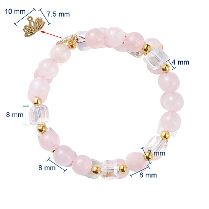 Deux boucles de bracelets de mode, avec des perles naturelles de pierres précieuses, des perles de verre de cube, fleur de lotus 304 breloques en acier inoxydable et perles d'espacement en fer