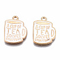 Eco-Friendly Alloy Enamel Pendants, Cadmium Free & Lead Free & Nickel Free, Light Gold, Cup with Phrase A CUP OF TEA SOLVES EVERYTHING