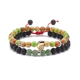 2 pcs 2 style jaspe impérial naturel (teint) et bracelets de perles tressées en aventurine verte et roche de lave avec coquille en alliage, bracelets extensibles en pierres précieuses pour femmes