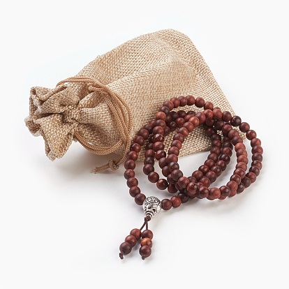 Pulseras de cuatro vueltas de sándalo natural estiramiento envolver, con conjuntos de cuentas guru de aleación de estilo tibetano, con bolsas de lazo de arpillera bolsas de cordón