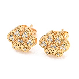 Brass Micro Pave Cubic Zirconia Stud Earrings, Paw Print with Word
