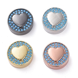 Brass Micro Pave Cubic Zirconia Beads, Flat Round with Heart