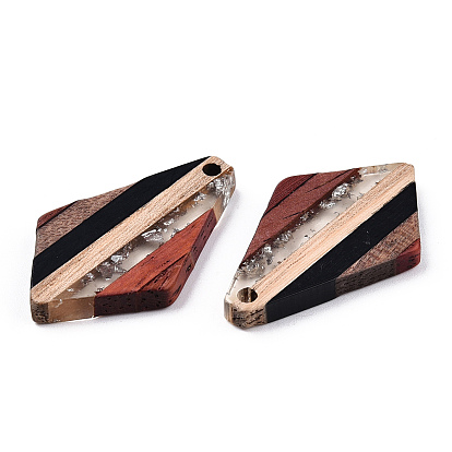 Transparent Resin & Walnut Wood Pendants, with Silver Foil, Rhombus Charm