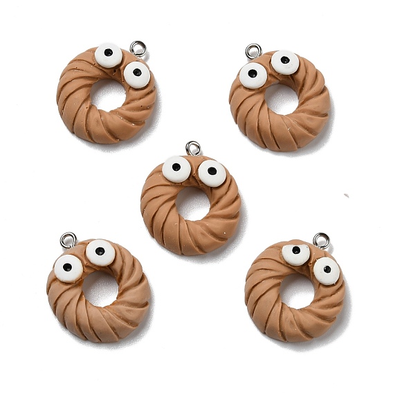 Opaque Resin Pendants, with Platinum Tone Iron Loops, Imitation Food, Doughnut with Eyes
