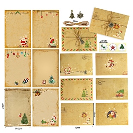 12 Sheets Stationery Paper and 6Pcs Envelope Set, with 12Pcs Round Stickers, 10M Hemp Rope, 6Pcs Tree & Snowflake Pendant, Christmas Themed Pattern