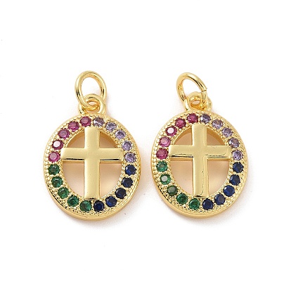 Brass Micro Pave Colorful Cubic Zirconia Pendants, with Jump Ring, Oval with Cross Charms