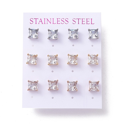 6 pares de pequeños aretes cuadrados de circonita cúbica, 304 joyas de acero inoxidable para mujer