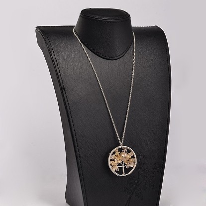Flat Round with Tree 304 Stainless Steel Mixed Stone Pendant Necklaces, with Lobster Claw Clasps