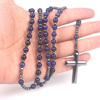 Natural & Synthetic Mixed Stone Rosary Bead Necklace, Synthetic Hematite Cross Pendant Necklace