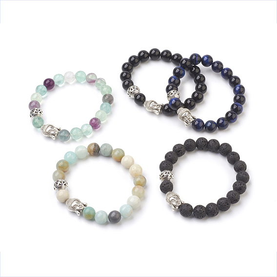 Natural Gemstone Beads Stretch Bracelets, with Alloy Findings, Round and Buddha Head, Burlap Packing, Antique Silver