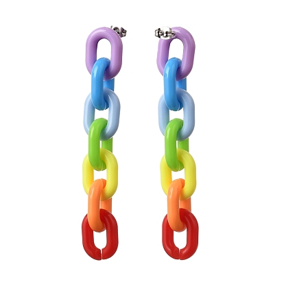 Rainbow Dangle Stud Earrings, with Acrylic Cable Chains, 304 Stainless Steel Stud Earring Pins & Ear Nuts