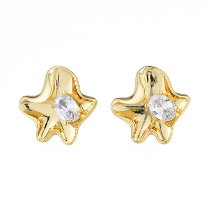 Clear Cubic Zirconia Flower Stud Earrings, Brass Jewelry for Women, Nickel Free