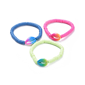 Ensembles de bracelets extensibles, avec des perles de heishi en pâte polymère faites à la main et écologiques et des perles de coquille de cauris en aérosol