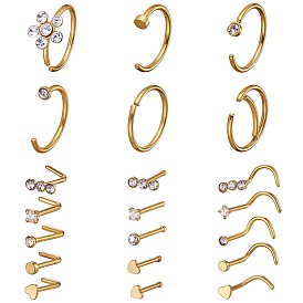 21Pcs 21 Style Clear Cubic Zirconia Flower & Flat Round & Heart Nose Studs & Rings Set, 304 Stainless Steel Nose Hoop & Fishtail & L-shape Nose Rings, Piercing Jewelry for Women