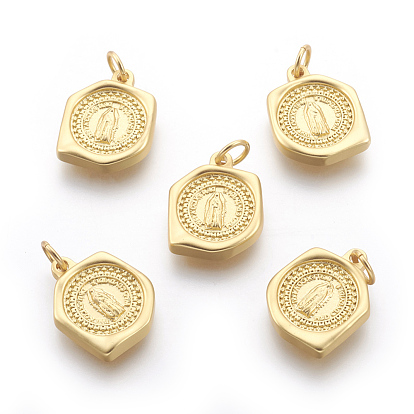 Brass Pendants, Long-Lasting Plated, Lead Free & Cadmium Free & Nickel Free, Hexagon with Saint