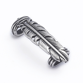 Retro 304 Stainless Steel Slide Charms/Slider Beads, for Leather Cord Bracelets Making, Feather Shape