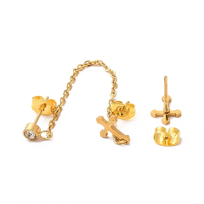 Vacuum Plating 304 Stainless Steel Dangle Chains Stud Earrings, Asymmetrical Earrings for Women, Golden