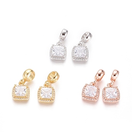 Brass Micro Pave Clear Cubic Zirconia European Dangle Charms, Large Hole Pendants, Square